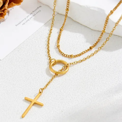 Stainless Steel Double Layered Cross Pendant Necklace For Women Minimalist Gold Plated Y-Shape Bead Chain Religious Fashion Jewelry