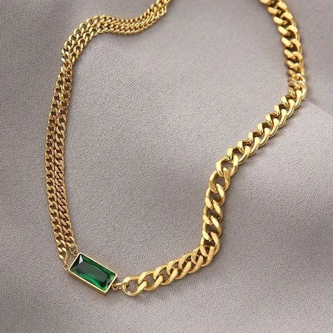 Vintage Titanium Steel Double Layer Curb Chain Necklace With Rectangular Emerald Green Zircon Pendant For Women Gold Plated Jewelry