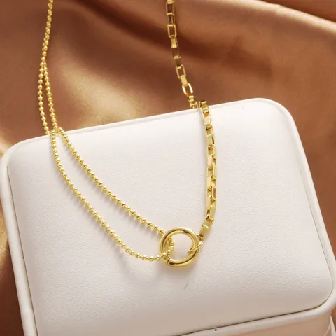 Titanium Steel Asymmetric Stitching Necklace For Women Simple Gold Plated Geometric Circle Pendant Clavicle Chain Fashion Jewelry Gift