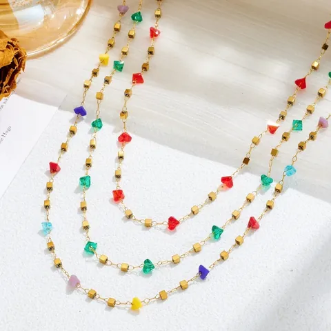 Conjunto de Collar Pulsera Tobillera Minimalista de Acero Inoxidable Chapado en Oro con Colgante Corazón de Cristal para Mujer