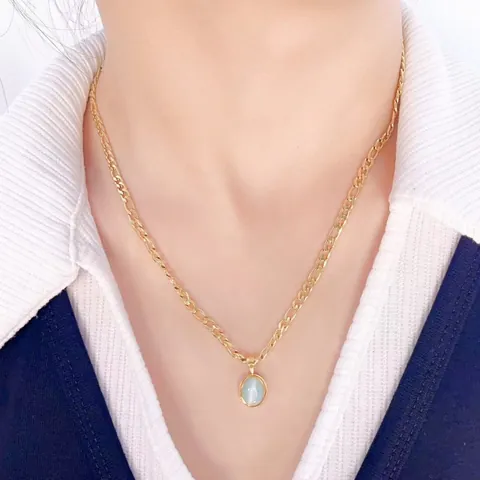 Collier Pendentif Ovale en Zircone Vert Menthe Acier Inoxydable Plaqué Or 18K Chaîne Figaro Pour Femmes Bijoux Minimalistes