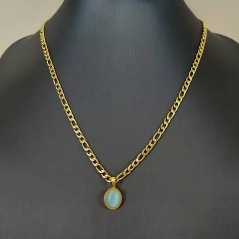 Collier Pendentif Ovale en Zircone Vert Menthe Acier Inoxydable Plaqué Or 18K Chaîne Figaro Pour Femmes Bijoux Minimalistes