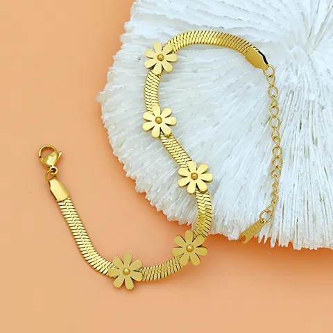Bracelet Chaîne Serpent Fleur de Marguerite en Acier Titane Plaqué Or pour Femmes Bijoux de Charme Marguerite Réglable