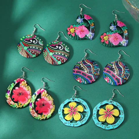 Bohemian Floral Acrylic Drop Earrings Vintage Ethnic Geometric Printed Heart Round Teardrop Jewelry For Women