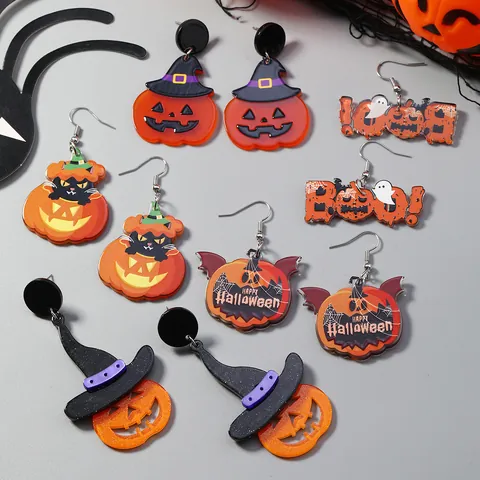Halloween Acryl Pompoen Geest Oorbellen Grappige Zwarte Kat Heksenhoed Vleermuis Hanger Oorbellen Voor Feest Vrouwen Sieraden