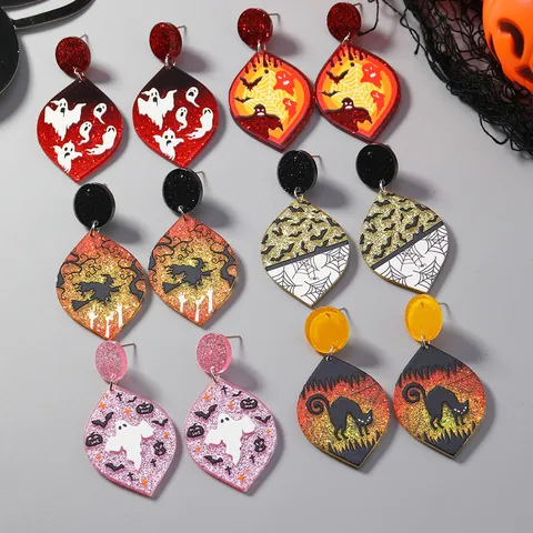 Halloween Acryl Glitter Oorbellen Spook Vleermuis Heks Zwarte Kat Spin Feestelijke Oorbellen Voor Vrouwen Feest Mode Sieraden