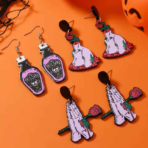 Halloween Acrylic Drop Earrings Ghost Hand Rose Poison Bottle Pattern Gothic Stud Earrings For Women Festive Party Jewelry