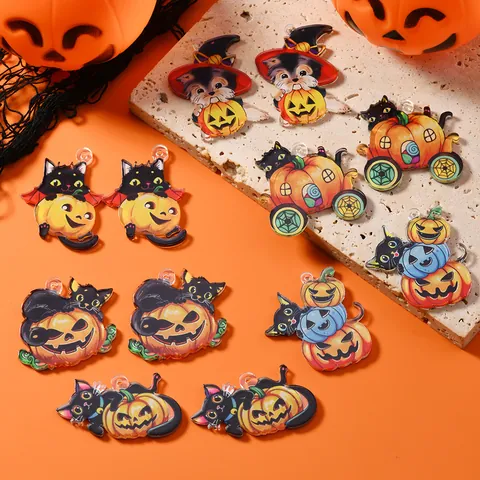 Halloween Acrylic Earrings Double Sided Painted Black Cat Pumpkin Carriage Cartoon Quirky Drop Earrings For Women Party Festive Jewelry