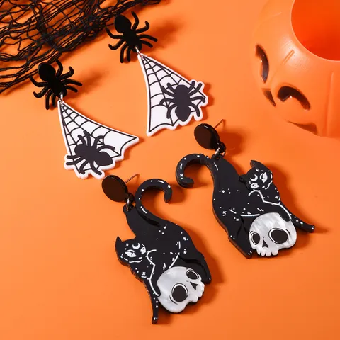 Gothic Halloween Acrylic Skeleton Drop Earrings For Women Dark Black Cat Spider Web Punk Funky Halloween Party Jewelry