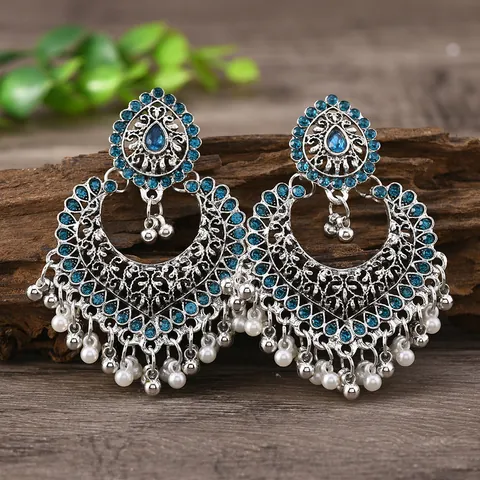 Vintage Bohemian Indian Jhumka Bell Drop Earrings For Women Ethnic Hollow Alloy Rhinestone Tassel Earrings Jewelry Gift