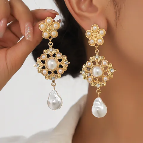 French Vintage Alloy Faux Pearl Bowknot Drop Earrings For Women Elegant Gold Silver Plated Sea Shell Flower Dangle Earrings Jewelry Gift