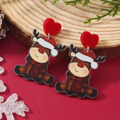 Christmas Acrylic Cartoon Reindeer Cow Drop Earrings Cute Red Heart Stud Festive Party Jewelry Gift For Women
