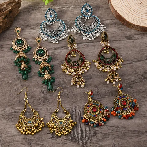 Vintage Bohemian Indian Jhumka Bell Drop Earrings For Women Ethnic Hollow Alloy Rhinestone Tassel Earrings Jewelry Gift