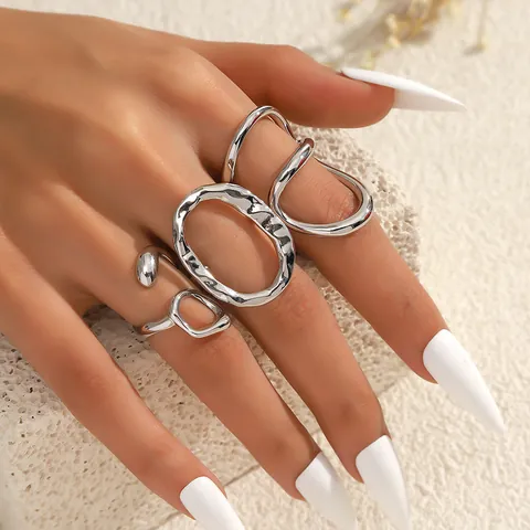 Bagues Ouvertes en Métal Liquide en Alliage Minimaliste pour Femmes Ensemble de Bagues Or Argent Abstraites Géométriques Creuses Cadeau Bijoux de Mode