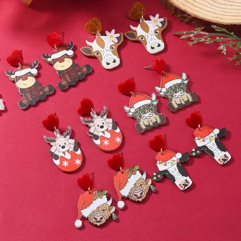 Christmas Acrylic Cartoon Reindeer Cow Drop Earrings Cute Red Heart Stud Festive Party Jewelry Gift For Women