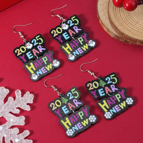 Pendientes Colgantes de Acrílico 2025 Feliz Año Nuevo Navidad Purpurina Negro Doble Capa Papá Noel Árbol de Navidad Copo de Nieve Joyería Mujer
