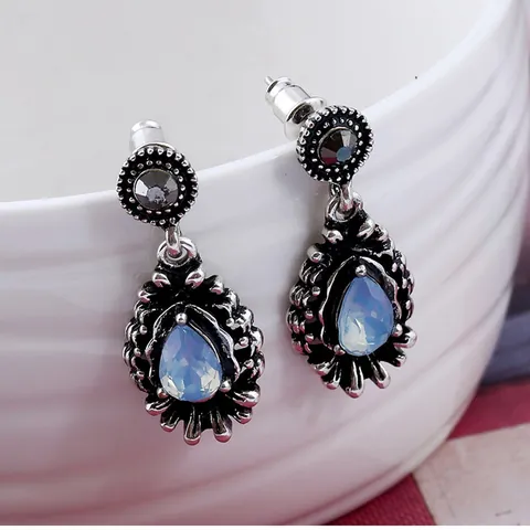 Vintage Antique Silver Alloy Teardrop Earrings With Faux Moonstone Rhinestone Accents Hollow Jewelry For Women Party Gift