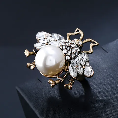 Vintage Alloy Bee Artificial Pearl Adjustable Ring For Women Gold Silver Rhinestone Enamel Insect Open Finger Ring Fashion Jewelry