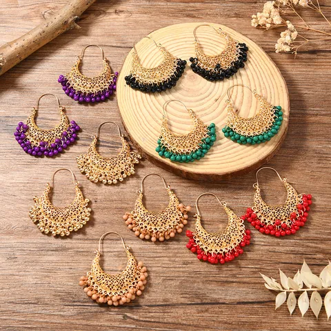 Vintage Bohemian Alloy Filigree Hoop Earrings With Stainless Steel Earring Post Ethnic Tassel Bead Drop Earrings Women