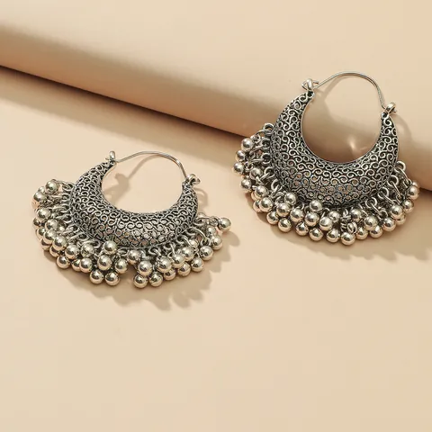 Vintage Bohemian Alloy Filigree Hoop Earrings With Stainless Steel Earring Post Ethnic Tassel Bead Drop Earrings Women