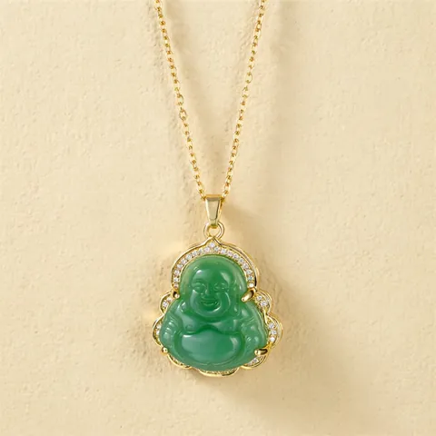Lachender Buddha Anhänger Halskette Edelstahl Vergoldet Strass Kunstjade Hip Hop Streetwear Schmuck