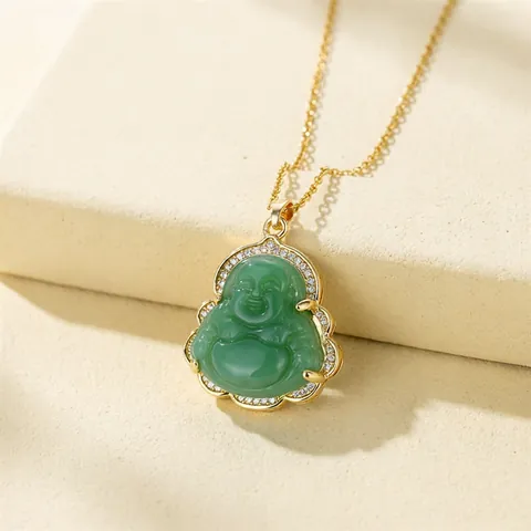 Lachender Buddha Anhänger Halskette Edelstahl Vergoldet Strass Kunstjade Hip Hop Streetwear Schmuck
