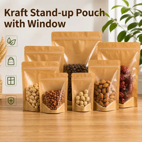 Kraft Paper Stand-up Pouch Resealable Ziplock Bag With Window Reusable Moisture Proof Food Storage