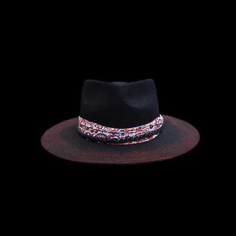 Chapeau Fedora en Pure Laine Vintage Effet Vieilli Bord Rouge Dégradé Ruban Cachemire Corde Tressée Jazz Cowboy Homme Femme