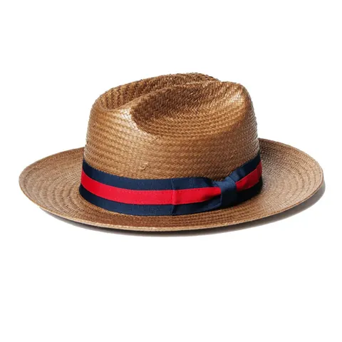 Cappello di Paglia da Cowboy Occidentale Con Nastro a Strisce Rosse e Blu Cappello Fedora per Spiaggia Estiva Uomo Donna