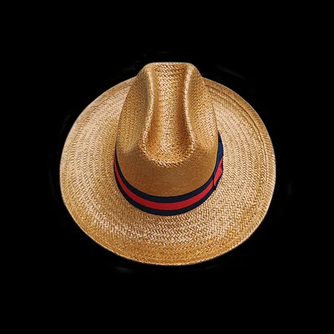 Cappello di Paglia da Cowboy Occidentale Con Nastro a Strisce Rosse e Blu Cappello Fedora per Spiaggia Estiva Uomo Donna