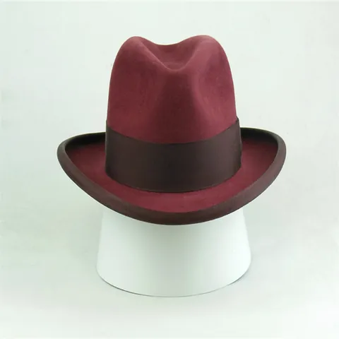 Vintage 100% Wool Felt Fedora Hat For Women Men Solid Wine Red Wide Brim Panama Hat With Ribbon Band Geometric Pattern Dress Hat