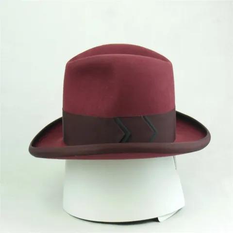 Vintage 100% Wool Felt Fedora Hat For Women Men Solid Wine Red Wide Brim Panama Hat With Ribbon Band Geometric Pattern Dress Hat