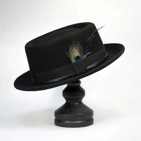 Vintage Wool Felt Fedora Hat With Peacock Feather Decoration Grosgrain Ribbon Wide Brim Pork Pie Hat For Men Women Warm