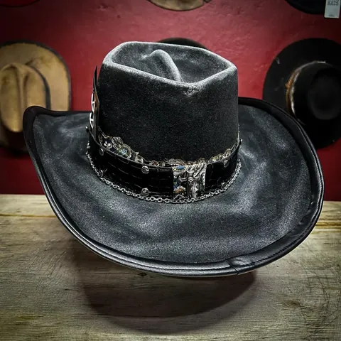 Vintage 100% Wollen Vilt Western Cowboyhoed Voor Heren Dames Brede Rand Punk Gothic Hoed Met Paisley Band Metalen Ketting Klinknagels