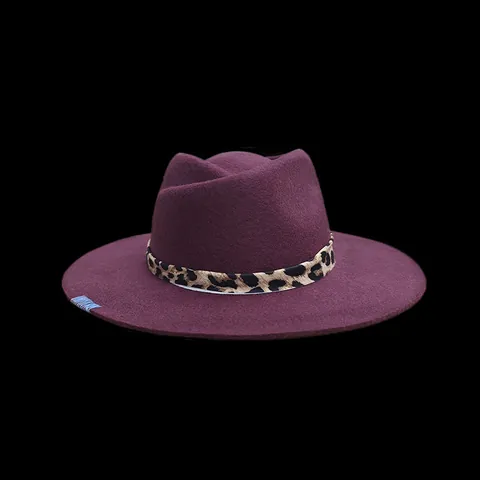Fashion Women 100% Wool Felt Fedora Hat With Leopard Print Band Vintage Wide Brim Adjustable Winter Autumn Sunshade Hat