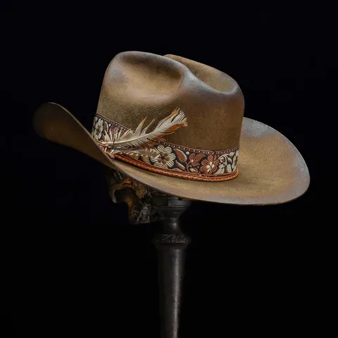 Distressed Wool Fedora Hat With Jacquard Ribbon And Feather Vintage Western Cowboy Style Wide Brim Felt Hat For Women Men
