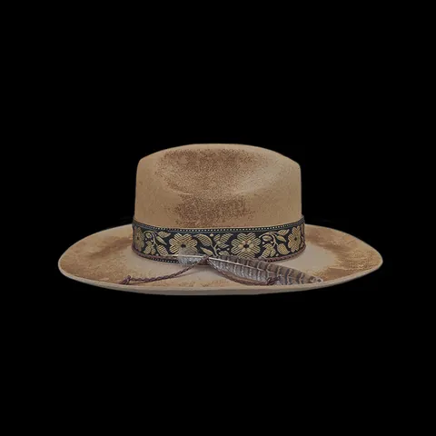 Distressed Wool Fedora Hat With Jacquard Ribbon And Feather Vintage Western Cowboy Style Wide Brim Felt Hat For Women Men
