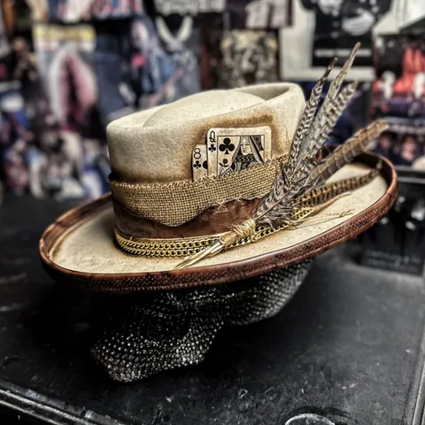 Sombrero Fedora de Fieltro de Lana Vintage Sombrero Pork Pie Occidental Con Pluma Cadena de Metal Naipes Ala Ancha