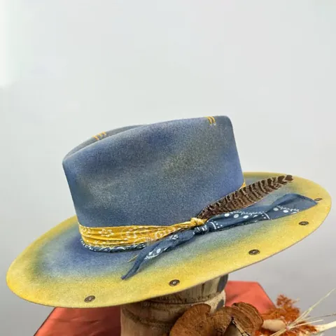 Cappello Fedora in Lana Vintage con Sfumatura di Colore Decorazione di Piume e Nastro Tesa Larga Stile Etnico Boho per Donna Outdoor
