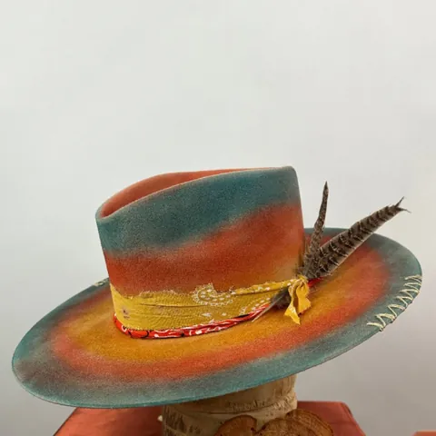 Cappello Fedora in Lana Vintage con Sfumatura di Colore Decorazione di Piume e Nastro Tesa Larga Stile Etnico Boho per Donna Outdoor