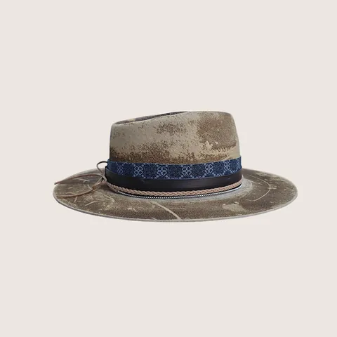 Vintage Παλαιωμένο Μάλλινο Καπέλο Fedora Φαρδύ Γείσο Western Cowboy Καπέλο Χειροποίητο Καμένο Εφέ Τζαζ Καπέλο για Άνδρες Γυναίκες