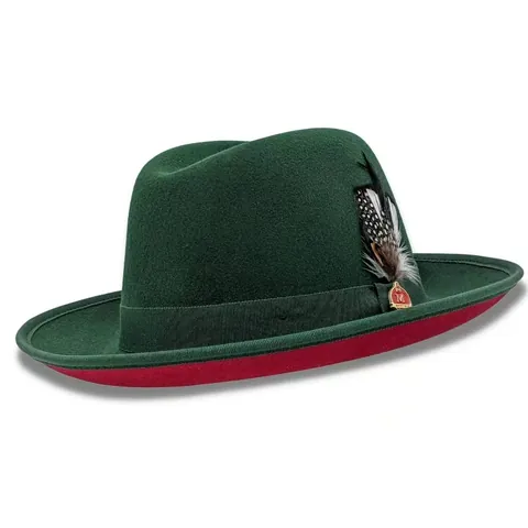 Women's Vintage 100% Wool Felt Fedora Hat Feather Ribbon Decor Contrast Red Under Brim Elegant Commuter Wide Brim Hat