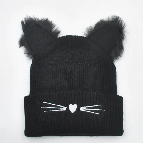 Cappello a Maglia da Donna con Orecchie di Gatto Pelliccia Sintetica Caldo Berretto Invernale Ricamo a Cuore Moda All'aperto