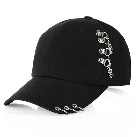 Korean Style Punk Baseball Cap For Men Women Cotton Solid Color Sun Hat With Iron Rings Metal Chain Streetwear Adjustable Dad Hat