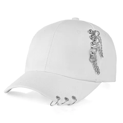 Korean Style Punk Baseball Cap For Men Women Cotton Solid Color Sun Hat With Iron Rings Metal Chain Streetwear Adjustable Dad Hat