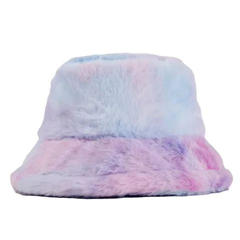 Women Tie Dye Plush Bucket Hat Winter Warm Faux Rabbit Fur Rainbow Color Fuzzy Fisherman Hat Kawaii Outdoor Basin Cap