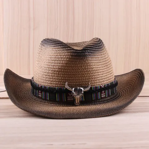 Western Cowboy Straw Hat Gradient Color Retro Sun Hat With Metal Bull Head Ethnic Woven Band Foldable Beach Travel Wide Brim Hat