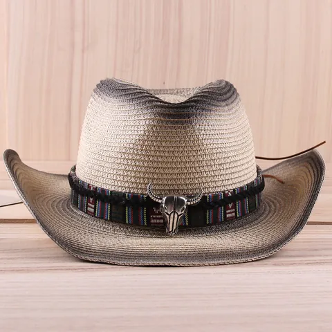 Western Cowboy Straw Hat Gradient Color Retro Sun Hat With Metal Bull Head Ethnic Woven Band Foldable Beach Travel Wide Brim Hat