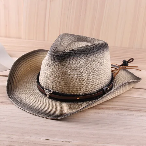 Western Cowboy Straw Hat Gradient Sun Protection Hat With Bull Head Leather Band Rivets Adjustable Wind Rope Unisex Outdoor Travel Hat