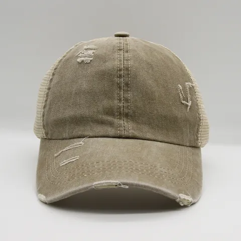 Damen Vintage Distressed Pferdeschwanz Baseballkappe Criss Cross Mesh High Bun Gewaschene Baumwolle Denim Trucker Sonnenhut